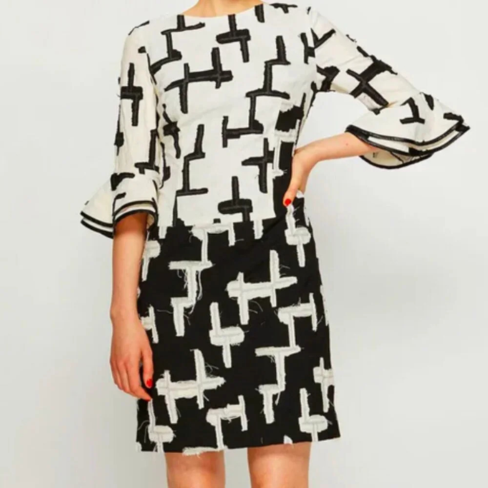 Autumn Adeigbo Giada Dress Cream & Black Bell Sleeve Midi Dress  2